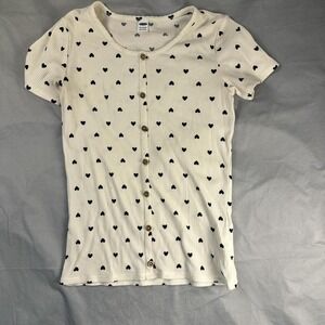 Old Navy Girls Ribbed Heart Print Button Up Short Sleeve Shirt XL 14 Cream Black